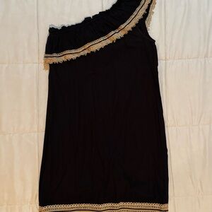 Mud Pie Black One-Shoulder Dress with Tan Trim